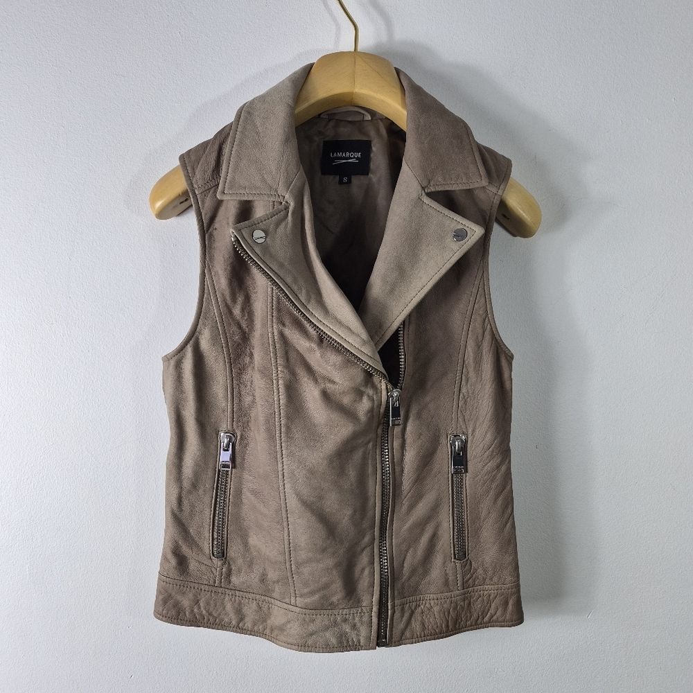 Lamarque Edusa Moto Biker Lamb Leather Zipper Vest Tan Size S